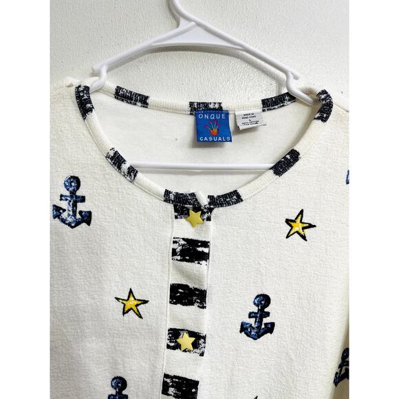 Vintage Nautical Coastal Sailor Stars Grandma Cardigan Size L Artsy Art to Wear - Picture 3 of 3